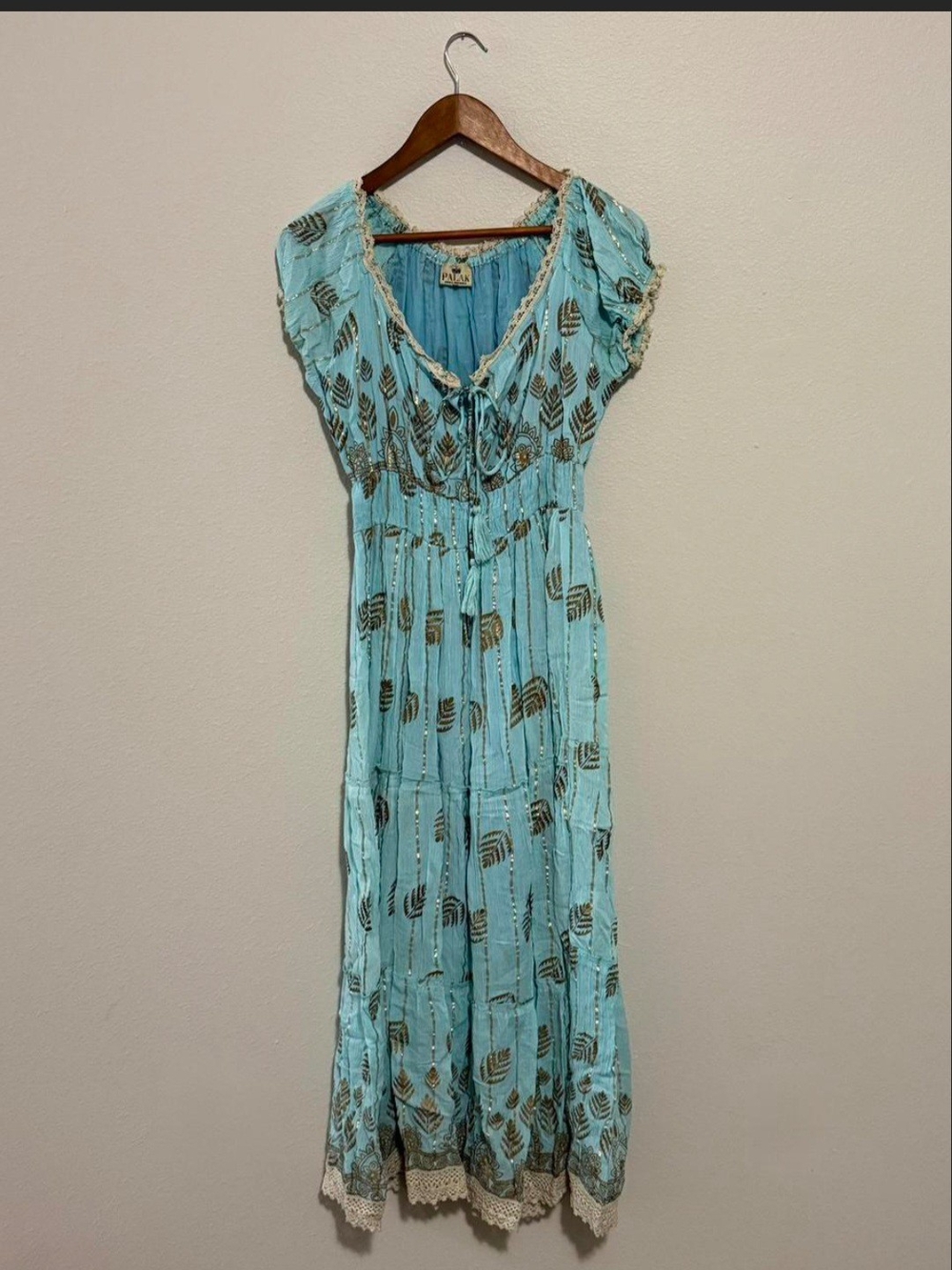 Light Blue Boho Maxi Dress with Metallic Leaf Print